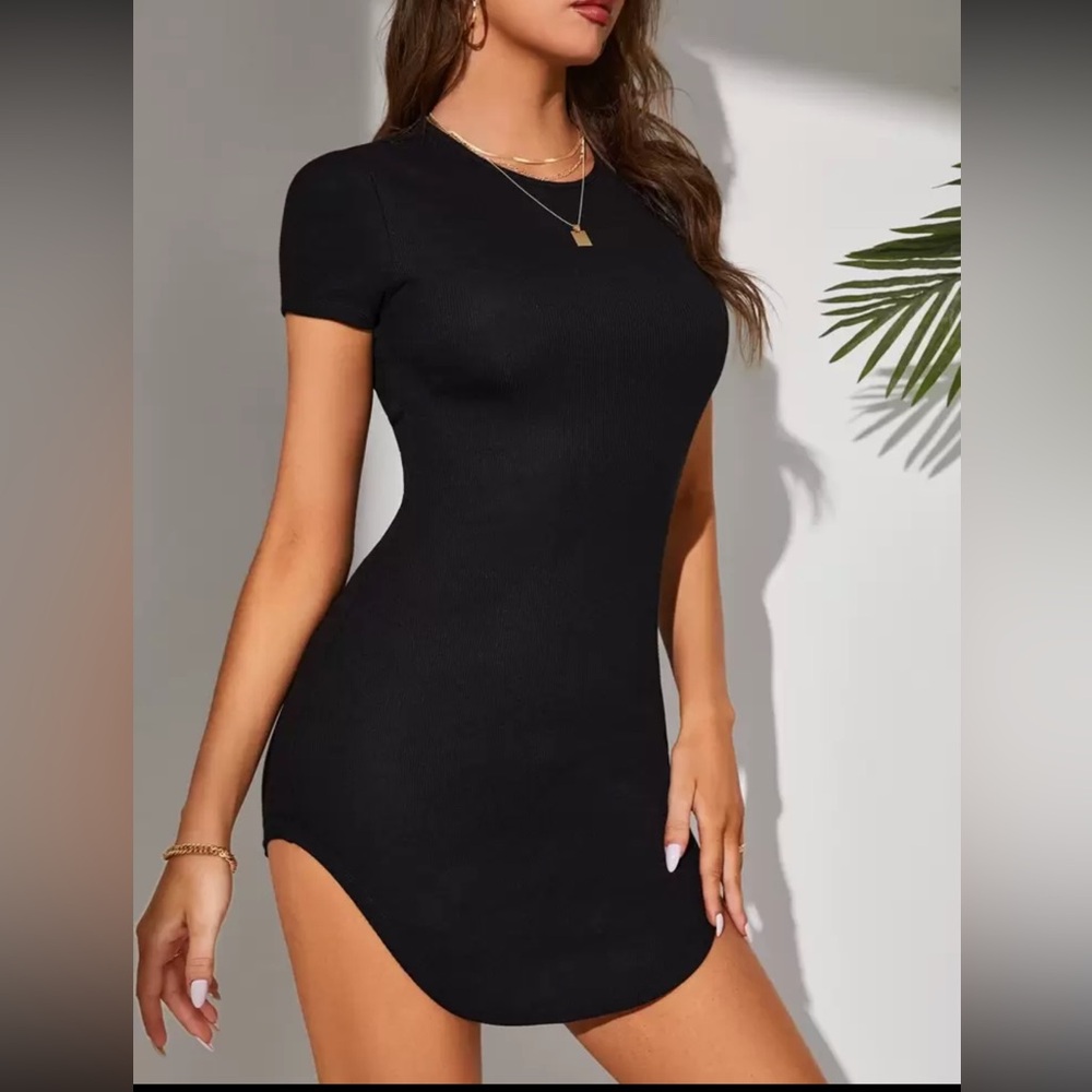 SHEIN black Tall Ribbed Knit Curved Hem Bodycon Dress size large